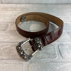 Brighton Belt Womens Medium Brown Croc Embossed Ornate Silver Buckle Pearls 1996